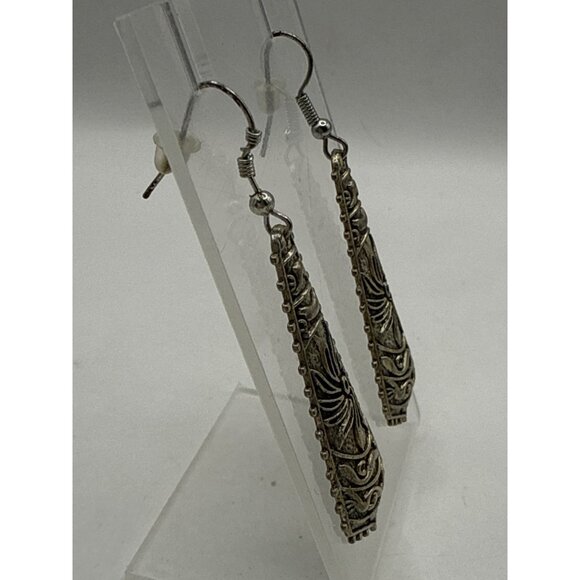 Antique Silver Tone Tribal Dangling Drop Earrings With Fish Hook Backs & Intrica - Picture 2 of 6